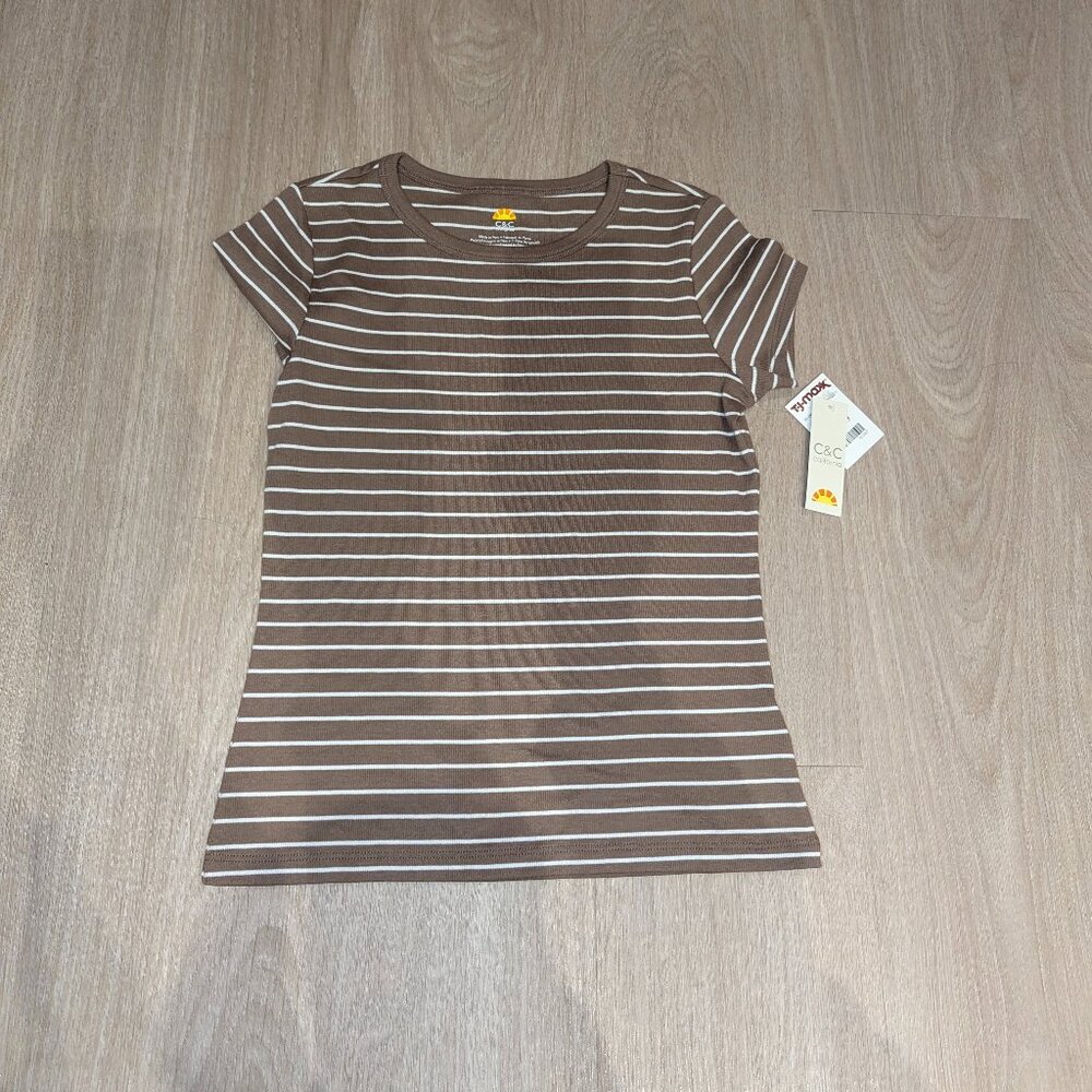 brown and white striped short-sleeve ringer crewneck t-shirt